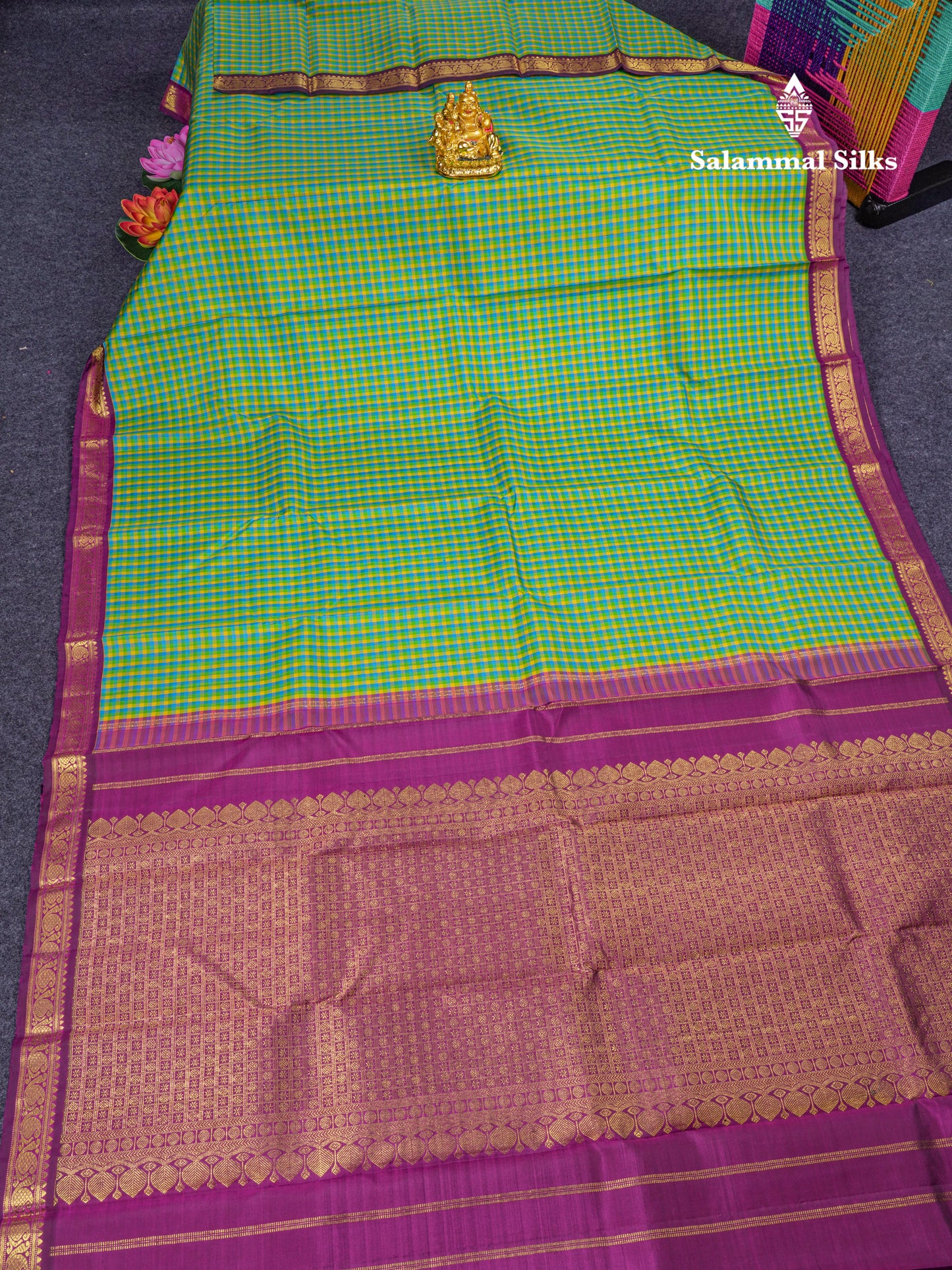 Multi Color Small Check Kanjivaram Pure Silk saree with Majentha Blouse