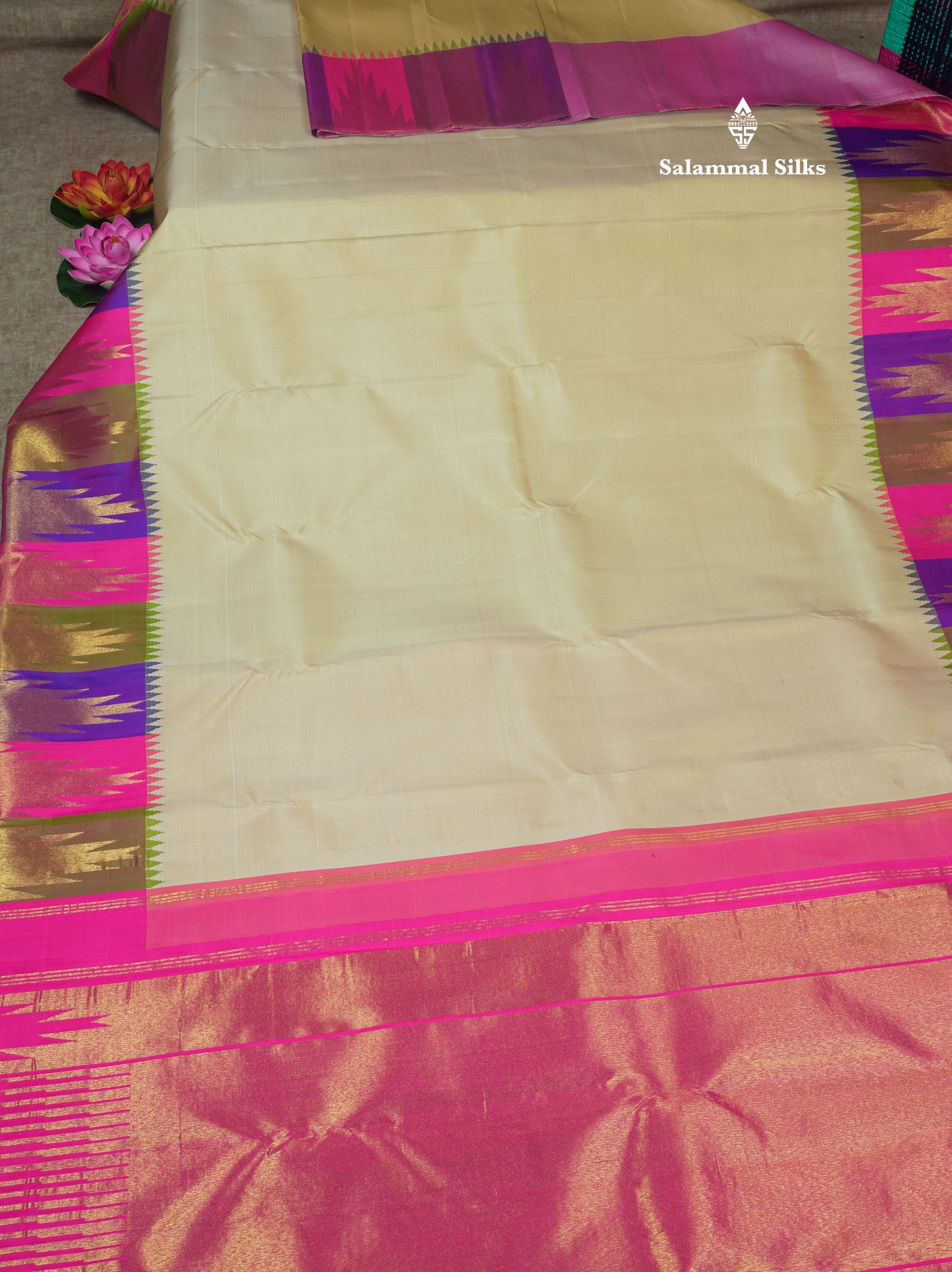 Beige Plain 8Kol Pure Kanjivaram Silk Saree with Contrast Multicolour Temple Border