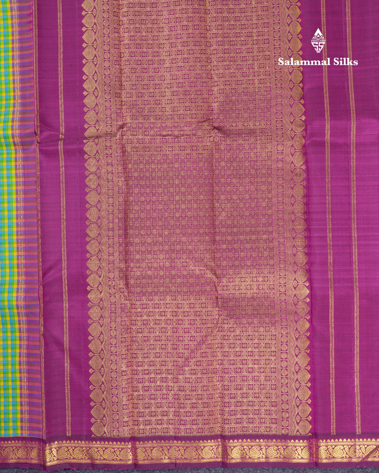 Multi Color Small Check Kanjivaram Pure Silk saree with Majentha Blouse