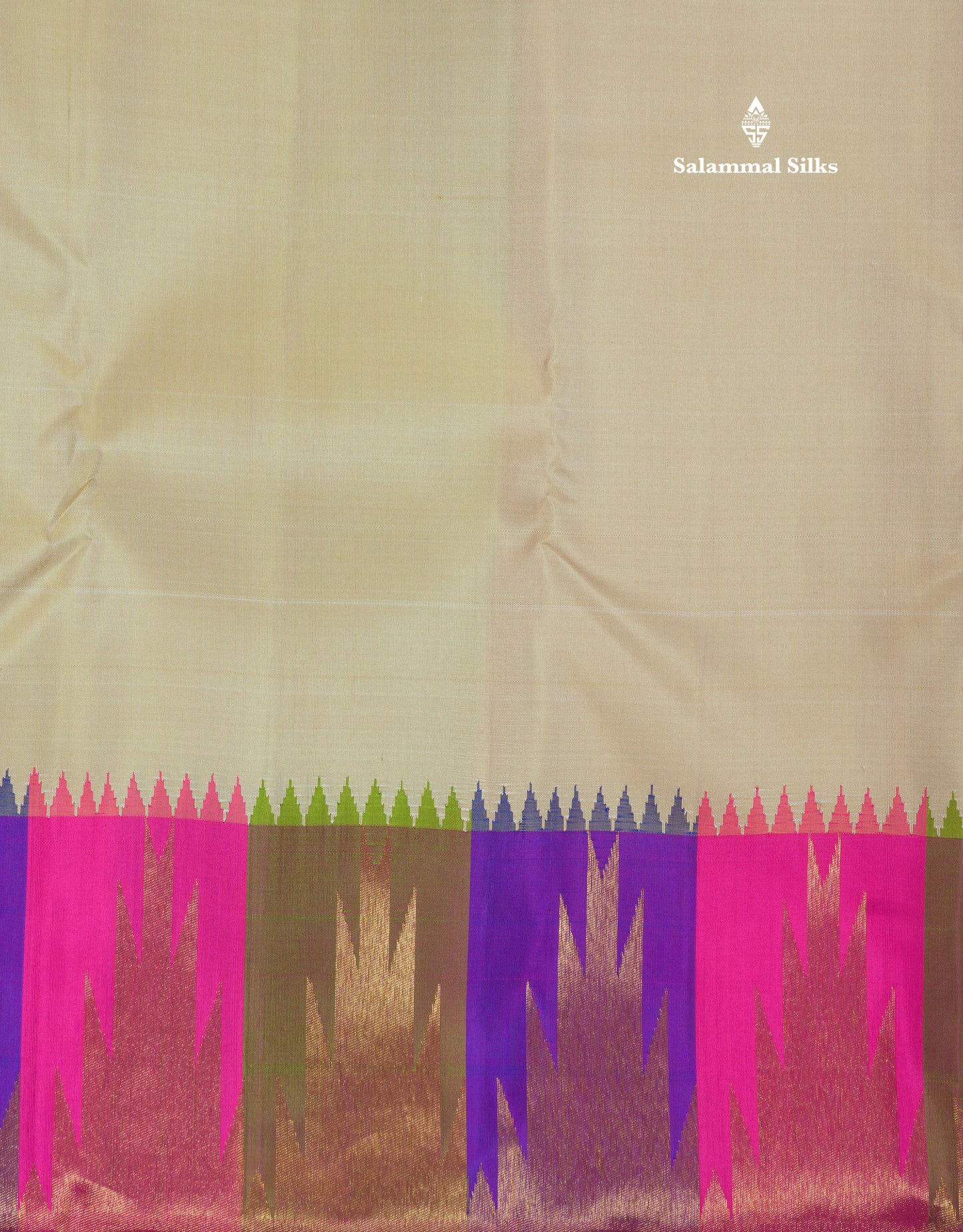 Beige Plain 8Kol Pure Kanjivaram Silk Saree with Contrast Multicolour Temple Border