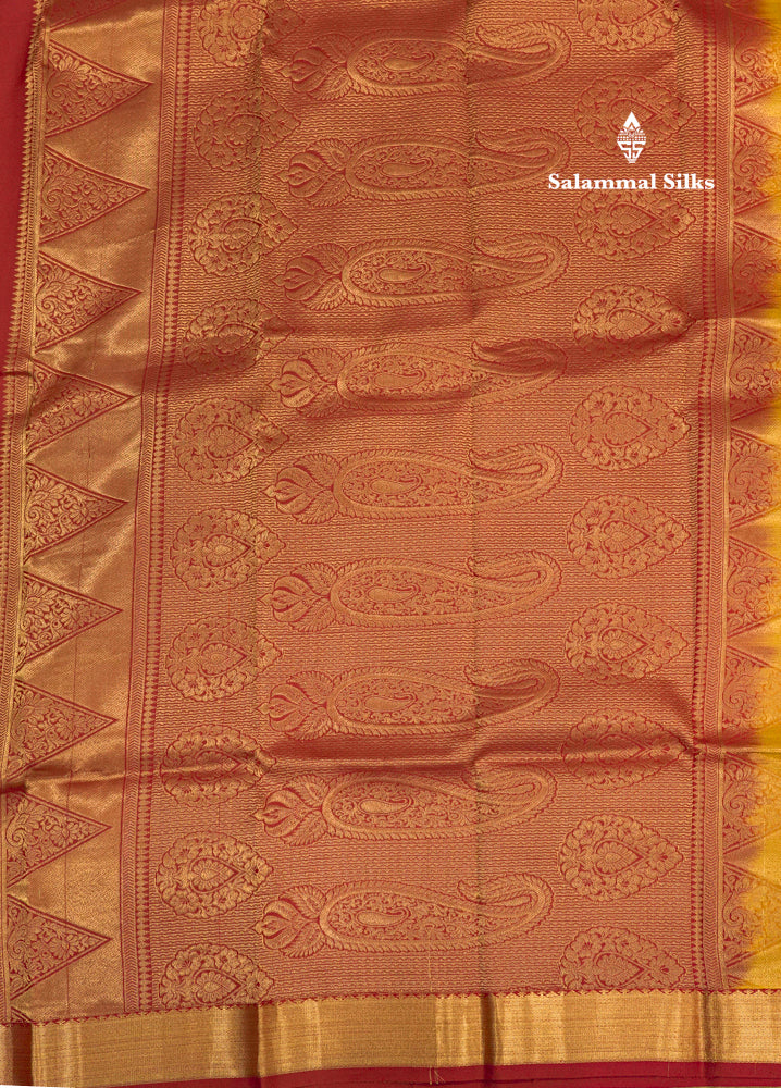Mango Yellow Colour Pure Kanjivaram Silk Saree with Red Pallakku Fancy Border