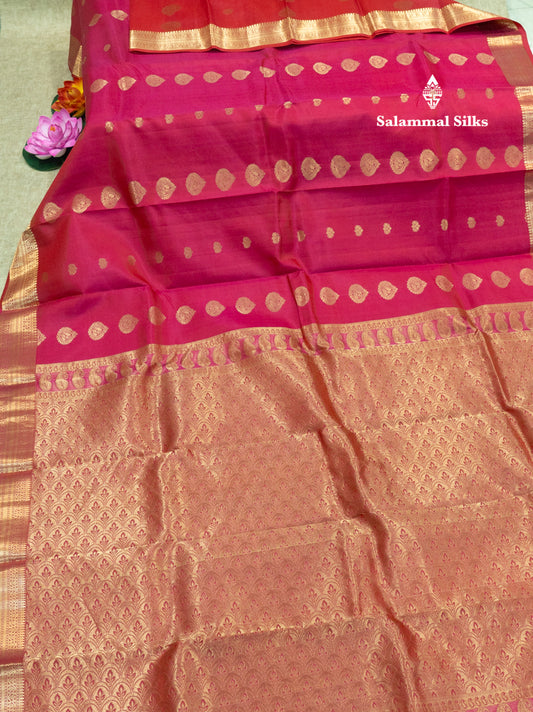 Pinkish Red Colour Pure Kanjivaram Silk Saree With Small Gold Zari Border