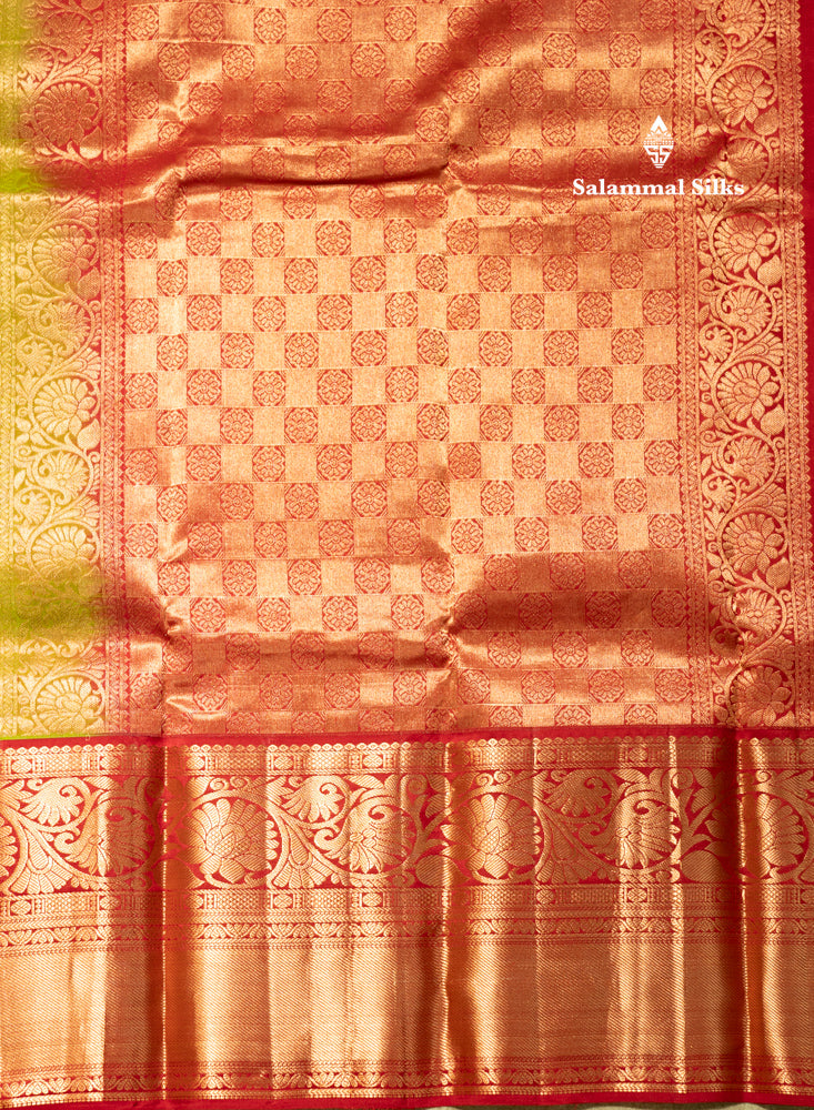 Parrot Green Colour Pure Kanjivaram Silk Saree With Red Border