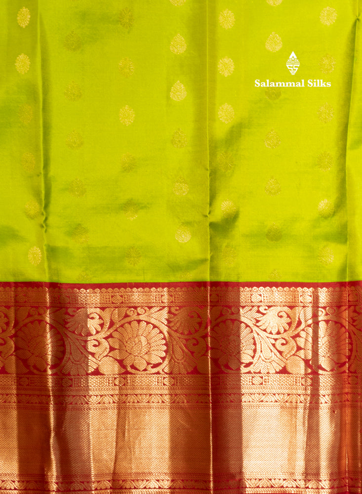 Parrot Green Colour Pure Kanjivaram Silk Saree With Red Border