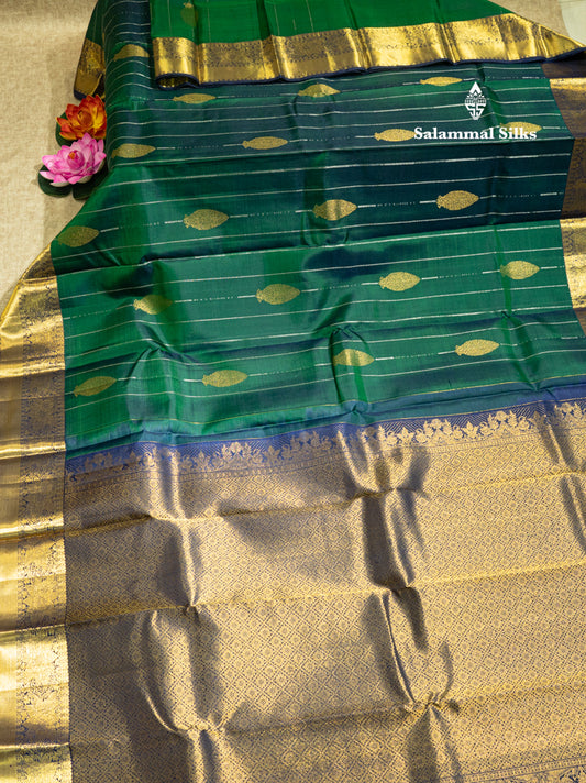 Peacock Green Colour Pure Kanjivaram Silk Saree With Navy Blue Border