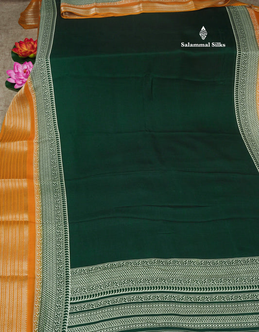 Bottle Green Plain Semi Georgette Saree With Mustard Yellow Traditinal Border