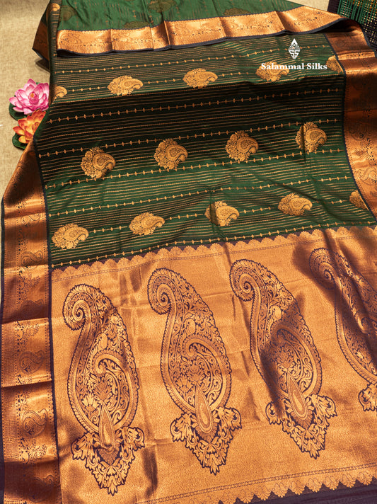 Bottle Green Colour Semi Silk Saree With Navy Blue Copper Zari Border