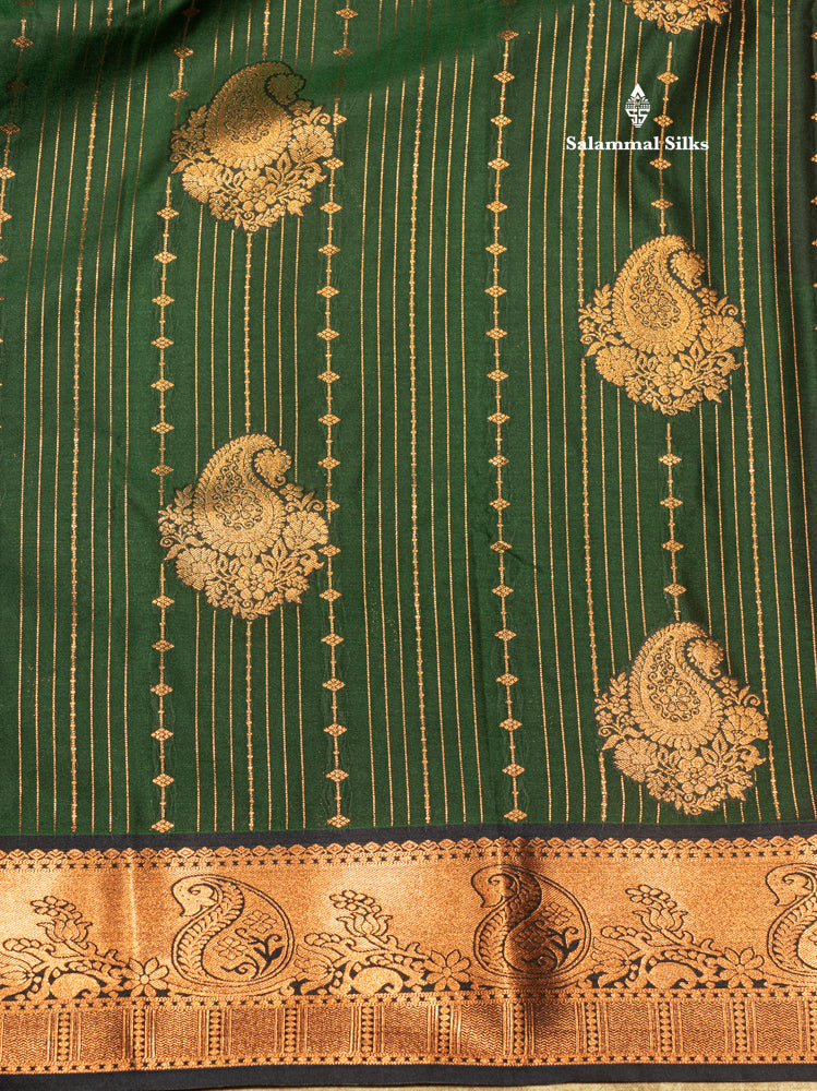 Bottle Green Colour Semi Silk Saree With Navy Blue Copper Zari Border