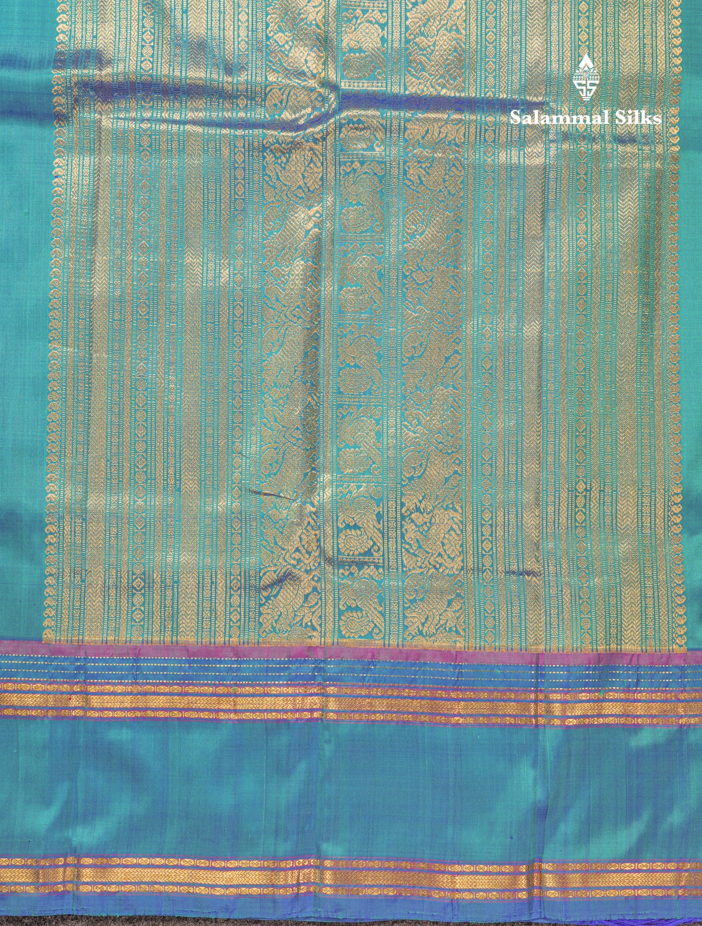 Dual Tone Sapphire Green Pure Kanjivaram Silk Saree With Contrast Dual Tone Blue Rettapet Double Border
