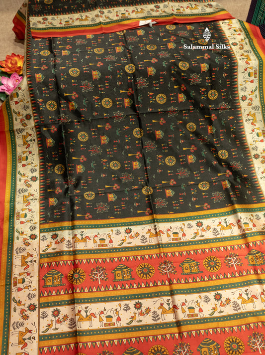 Black Colour fancy semi dola Saree With Red Blouse