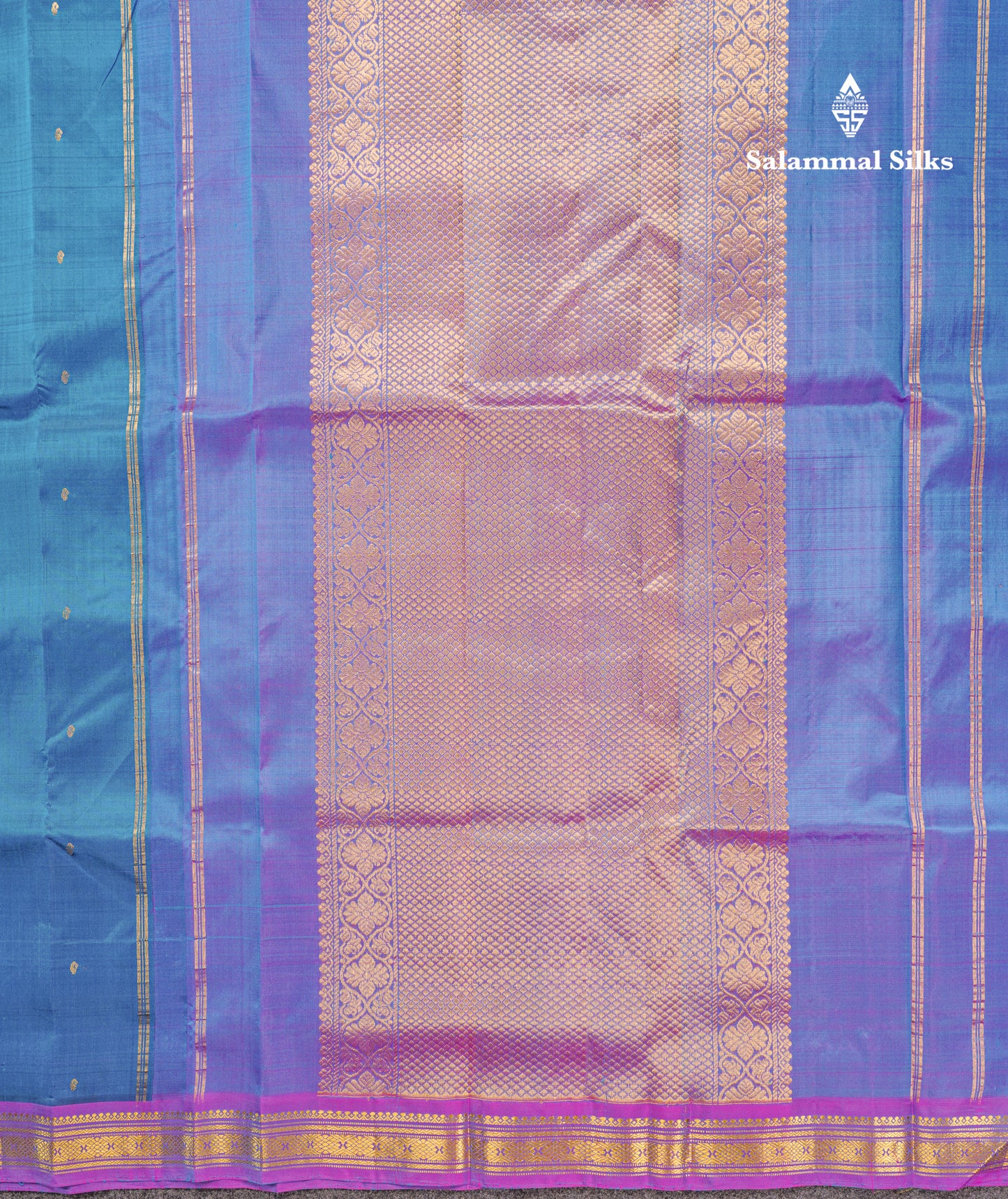 Dual Tone Peacock Blue Pure Kanjivaram Silk Saree With Contrast Vadamalli Small Border