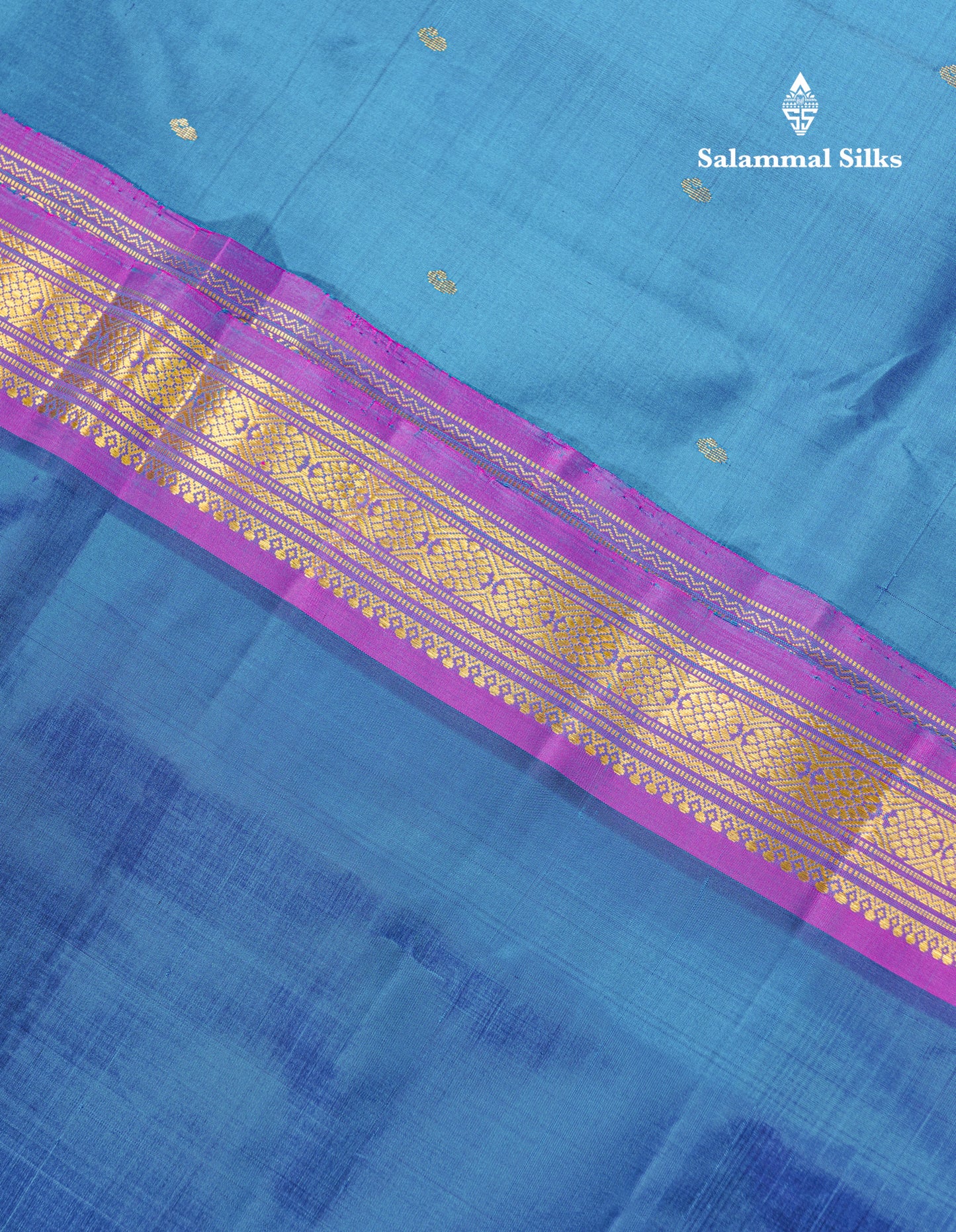 Dual Tone Peacock Blue Pure Kanjivaram Silk Saree With Contrast Vadamalli Small Border