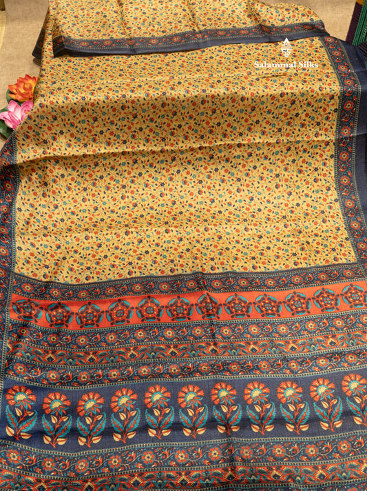 Beige Colour Fancy Semi Tussar Saree With Royal Blue Border