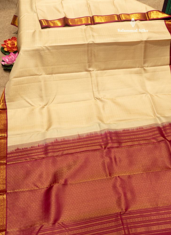 Cream Colour Small Checks Pure Kanjivaram Silk Saree with Traditional Border