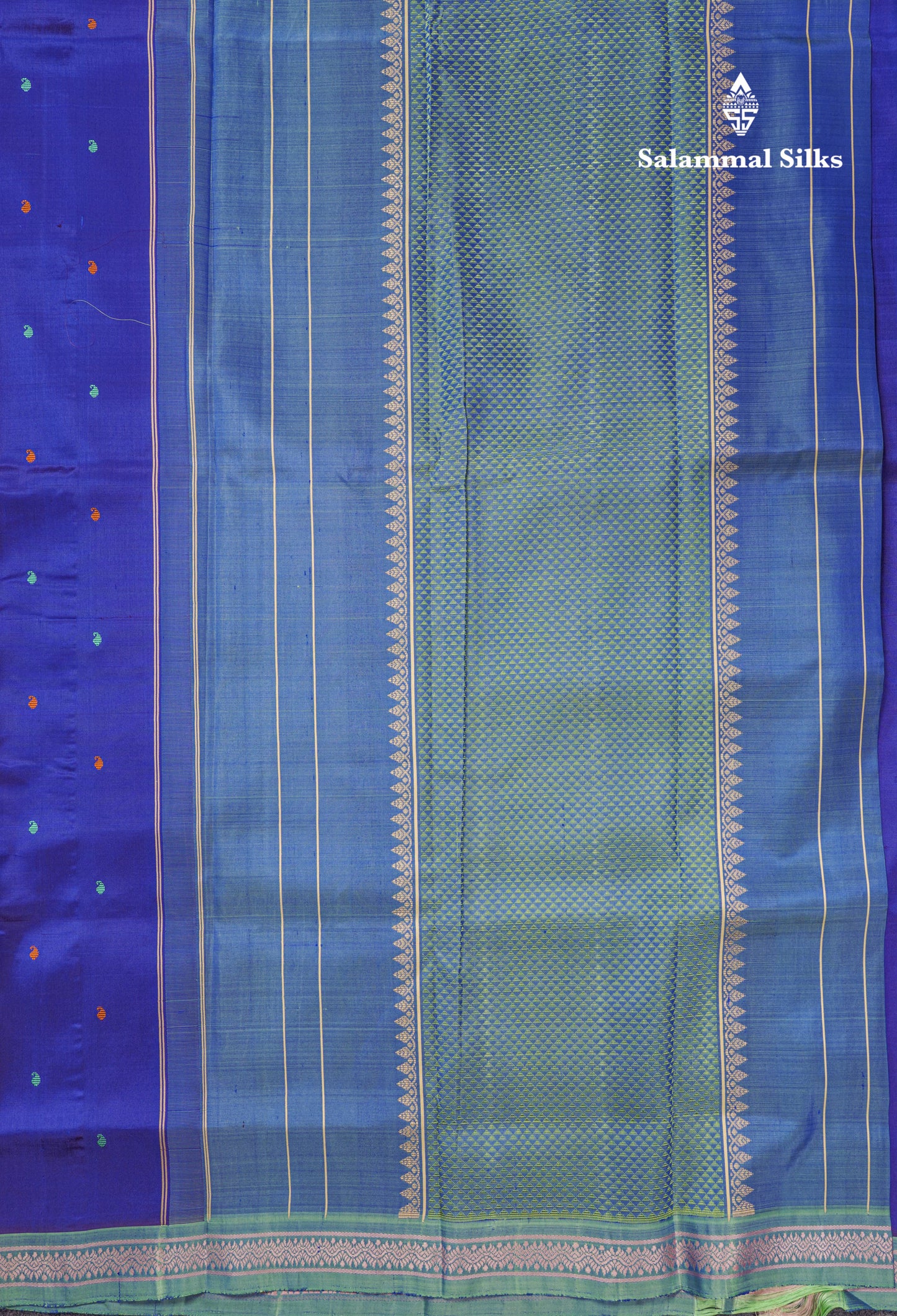 Dual Tone Royal Blue Meenakari Thread Work Butta Pure Kanjivaram Silk Saree With Contrast Moss Green Small Border