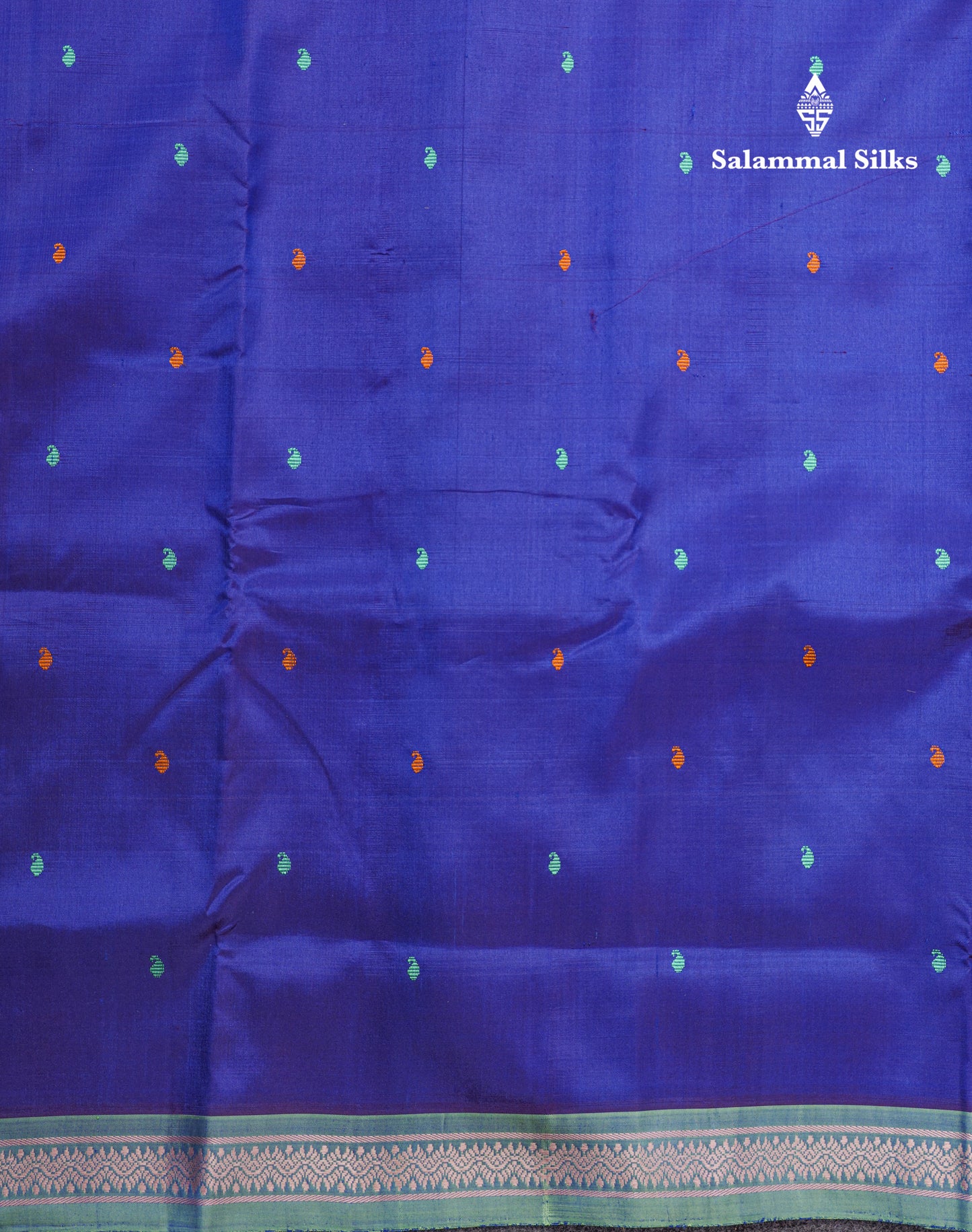 Dual Tone Royal Blue Meenakari Thread Work Butta Pure Kanjivaram Silk Saree With Contrast Moss Green Small Border