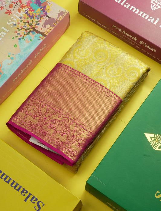 Gold Tissue Bridal Pure Kanjivaram Silk Saree With Contrast Magenta Pink Border