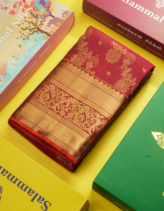 Dark Maroon Bridal Pure Kanjivaram Silk Saree With Self Border