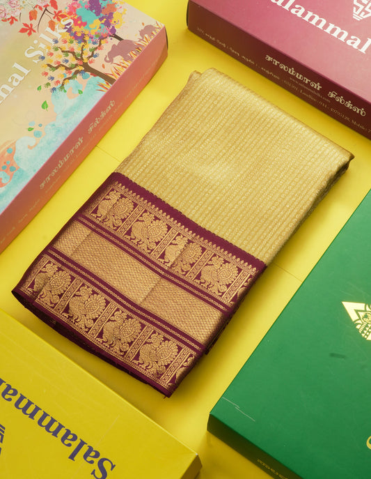 Beautiful Sandal Korvai Bridal Pure Kanjivaram Silk Saree With Contrast Magenta Border