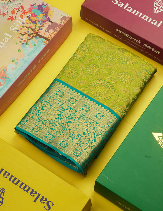 Parrot Green Bridal Pure Kanjivaram Silk Saree With Contrast Sea Green Border