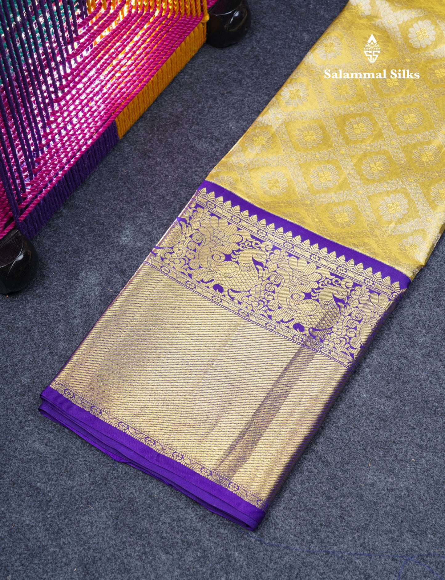 Pure Silk Pattu Pavadai Tissue (Gold) With Contrast Violet Blouse 45"