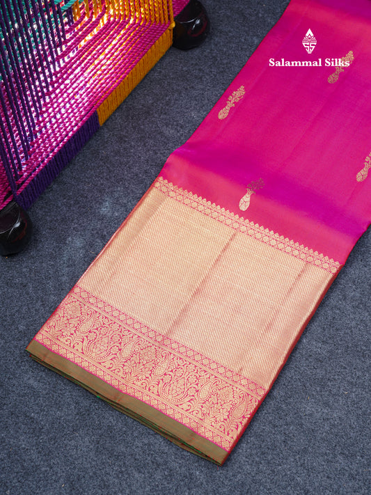 Pure Silk Pattu Pavadai (Pink) With Contrast Bottle Green Blouse 46.5"