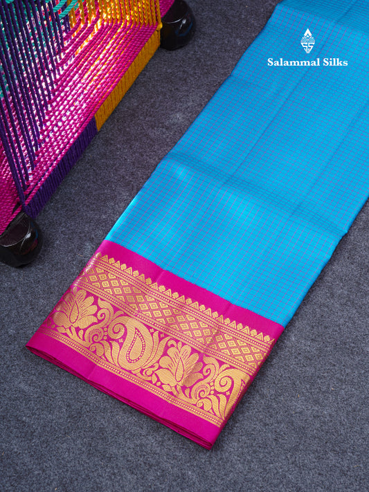 Pure Silk Pattu Pavadai Small Checks (Blue) With Contrast Pink Blouse 44.5"