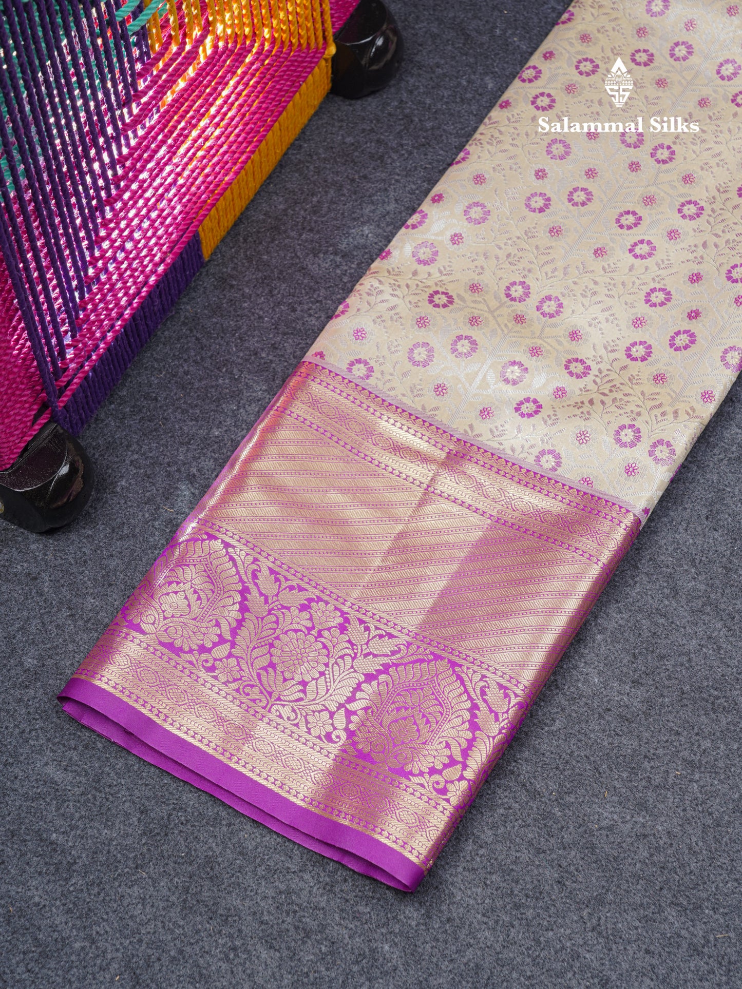 Semi Silk Pattu Pavadai Tissue (Half White) With Contrast Dark Purple Blouse 45"