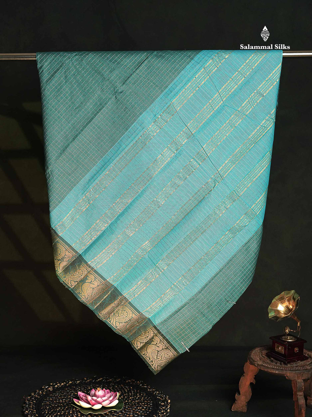 Chettinad Pure Cotton Saree - Dual Tone Teal Blue Colour Body Zari Checks With Traditional Border