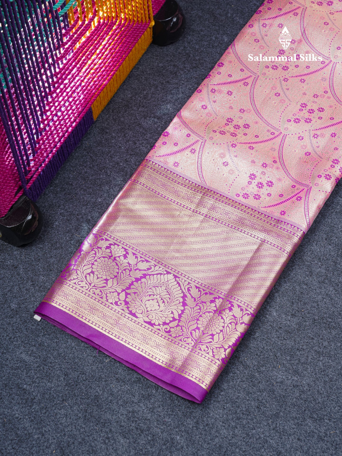 Semi Silk Pattu Pavadai Tissue (Peach Pink) With Contrast Dark Purple Blouse 45"