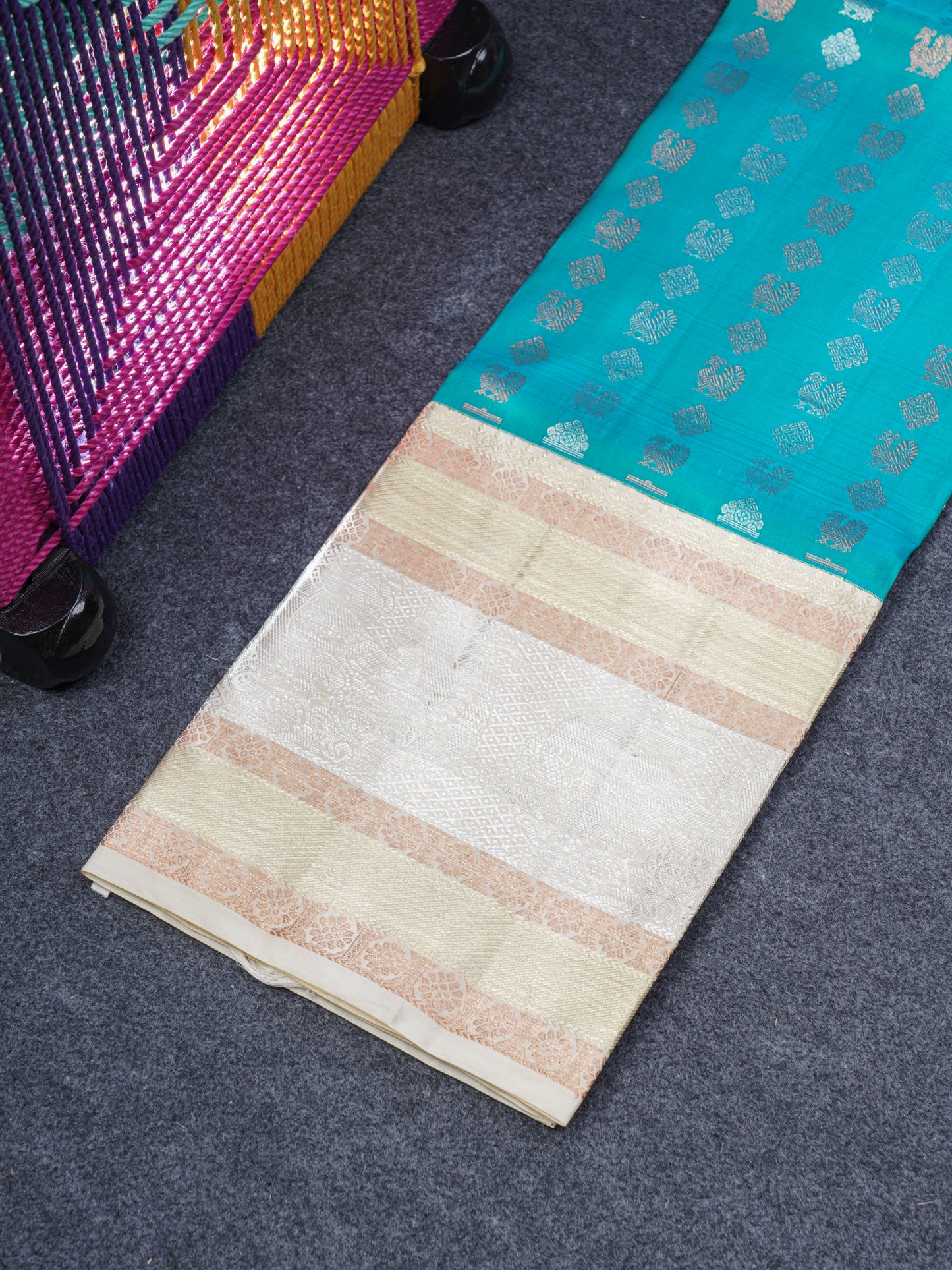 Pure Silk Pattu Pavadai (Dual Tone Peacock Green & Blue ) With Cream Sandal Blouse 44"