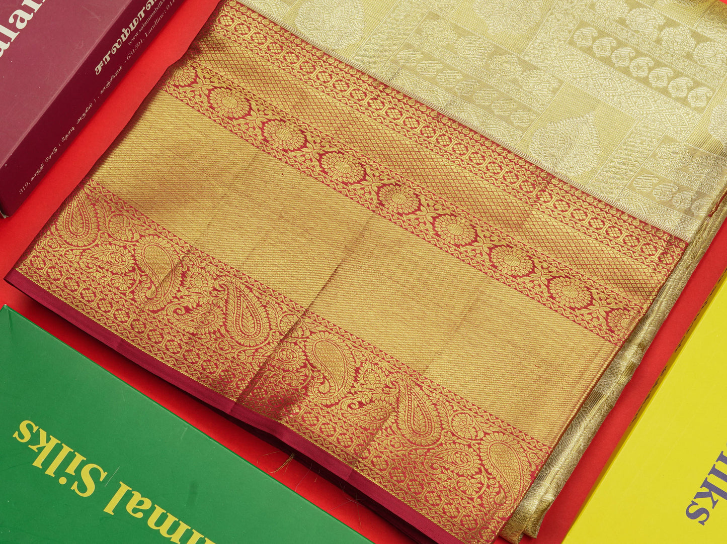 Gold Tissue Bridal Pure Kanjivaram Silk Saree With Contrast Maroon Traditional Border