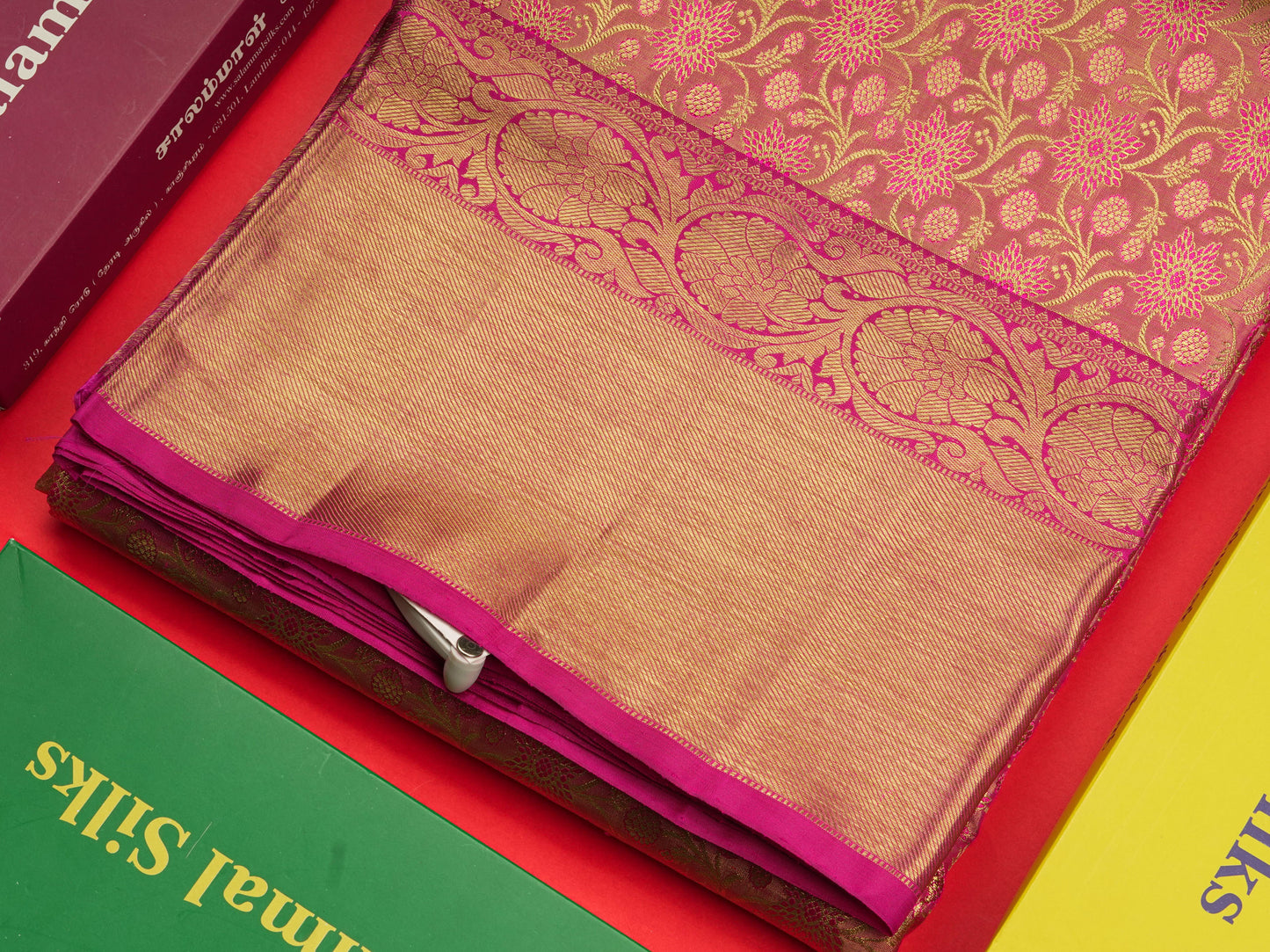 Beautiful Pink Tissue Pure Kanjivaram Silk Saree 3G Zari with Contrast Magenta Evening Morning Border
