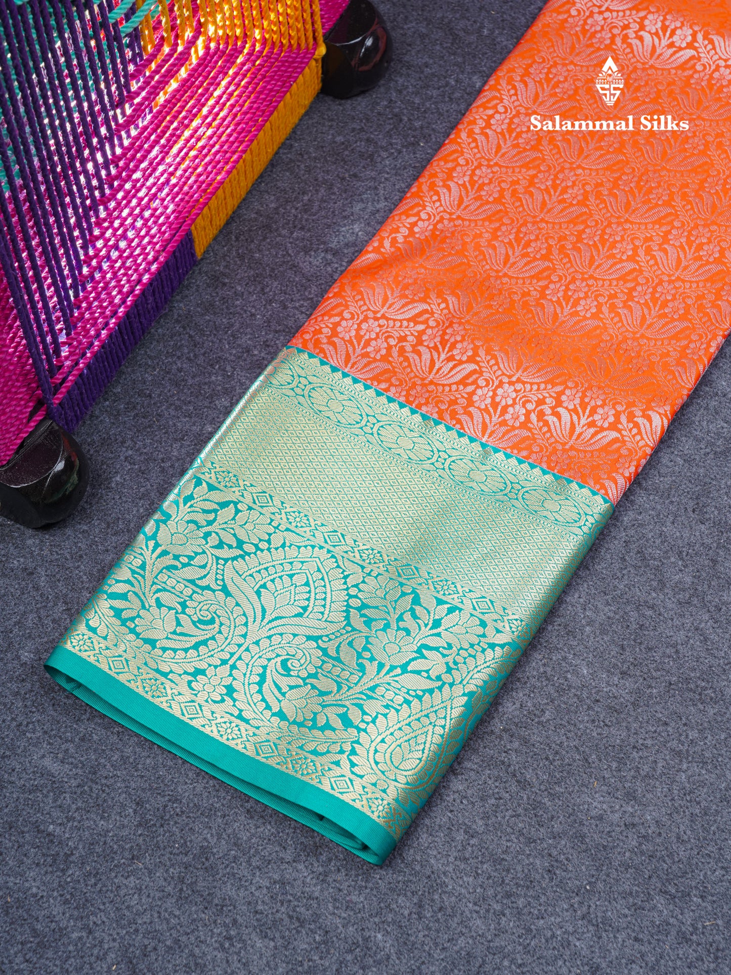 Semi Silk Pattu Pavadai (Pinkish Orange) With Peacock Green Blouse 44"