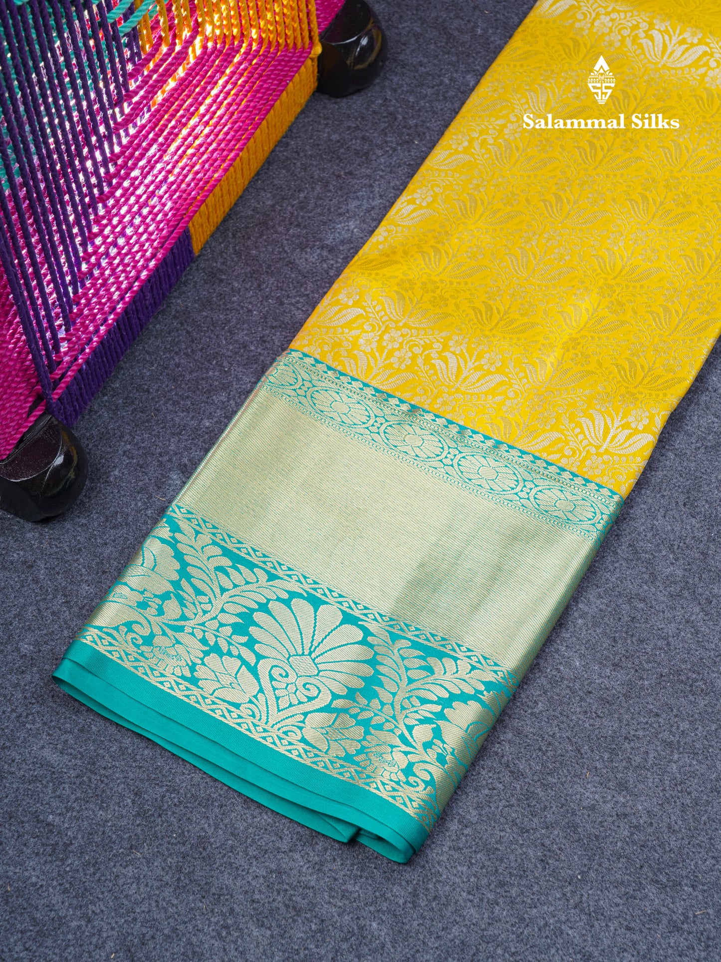Semi Silk Pattu Pavadai ( Yellow ) With Peacock Green Blouse 44"