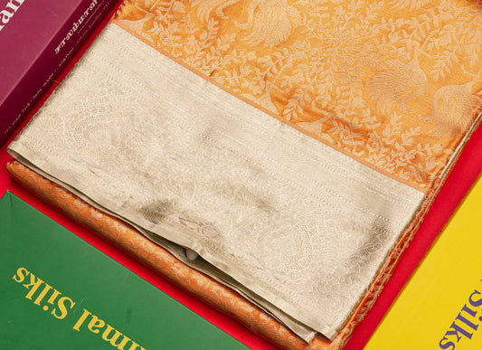 Orange Tissue Bridal Pure Kanjivaram Silk Saree With Contrast Silver Border