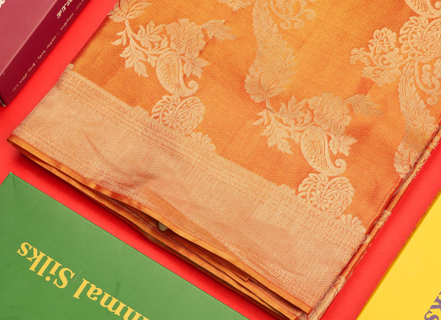 Orange Colour Kanjivaram Pure Tissue Silk Saree with Traditional Border