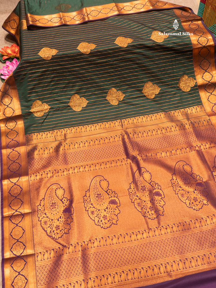 Bottle Green Colour Semi Silk Saree With Violet Copper Zari Border