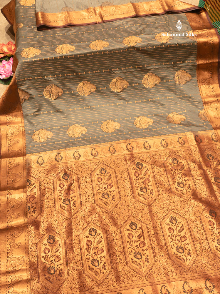 Bottle Green Colour Semi Silk Saree With Navy Blue Copper Zari Border