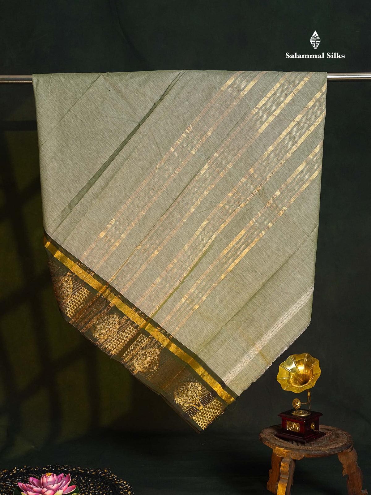 Chettinad Pure Cotton Saree - Light Pista Green Colour Body Plain With Olive Green Border