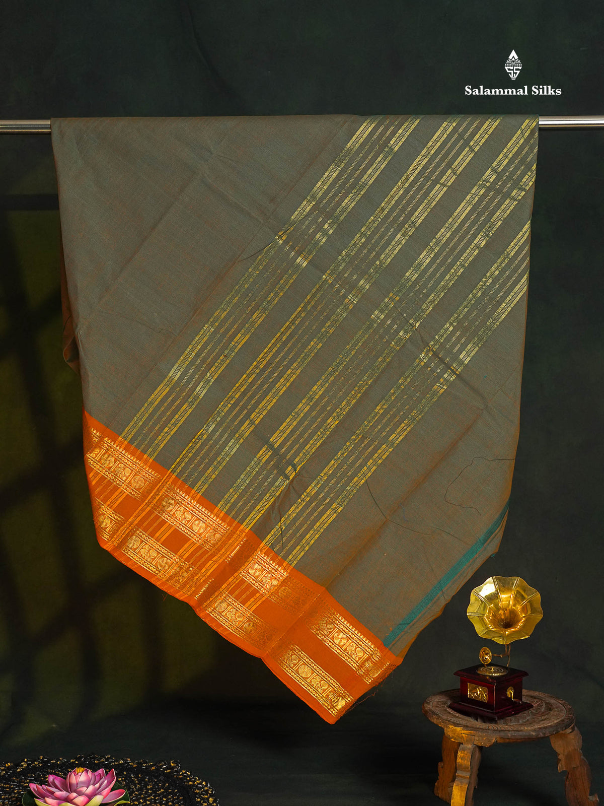 Chettinad Pure Cotton Saree - Dual Tone Olive Green Colour Body Plain With Orange Rettapet Border