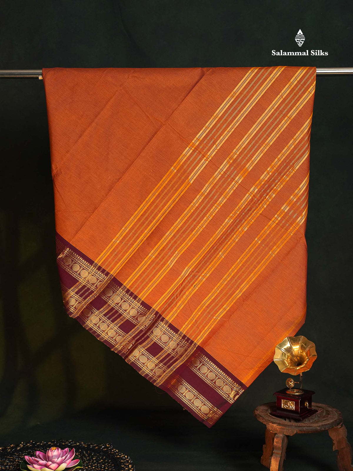 Chettinad Pure Cotton Saree - Rust Orange Colour Body Plain With Traditional Gap Border