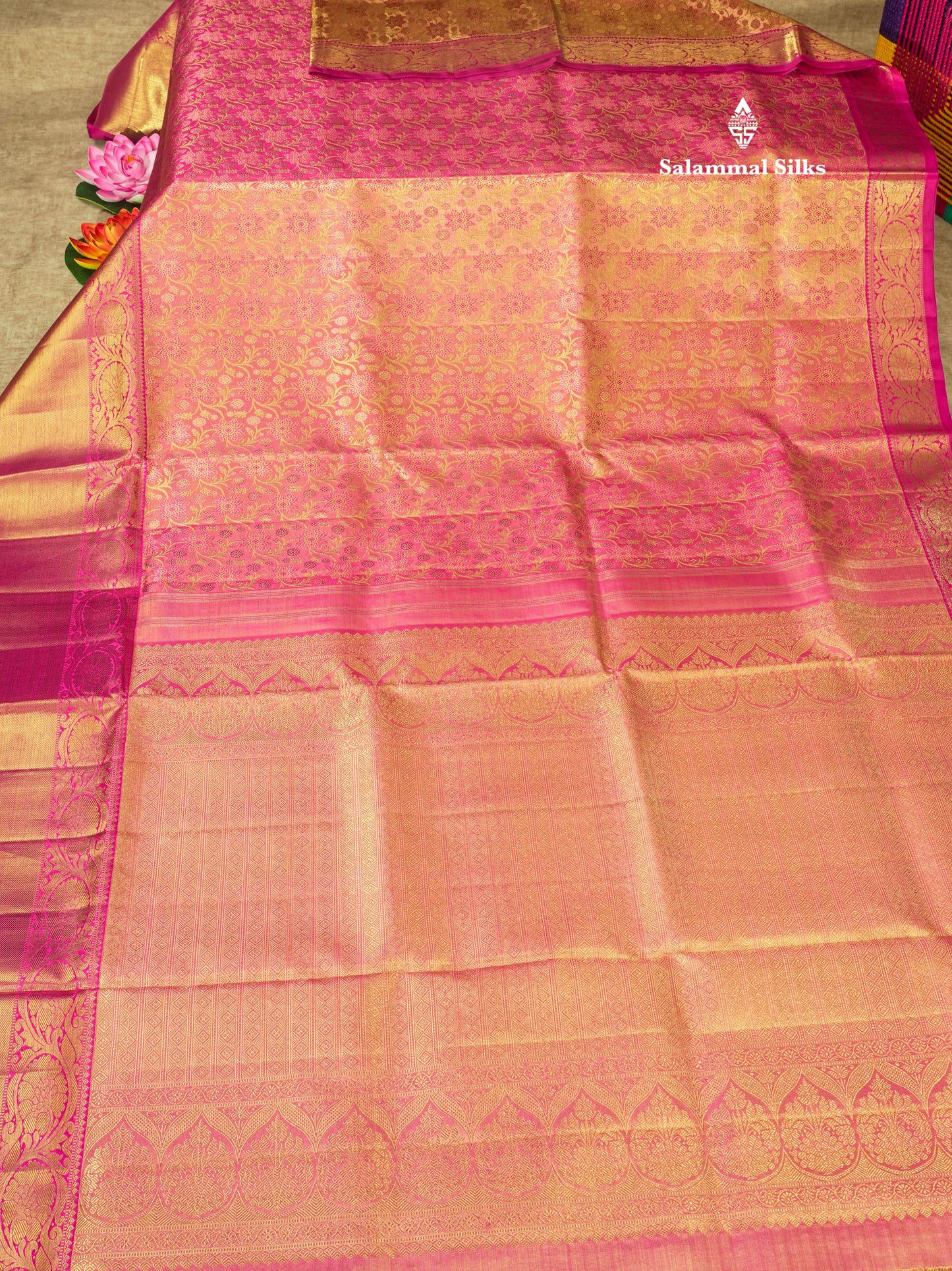Beautiful Pink Tissue Pure Kanjivaram Silk Saree 3G Zari with Contrast Magenta Evening Morning Border