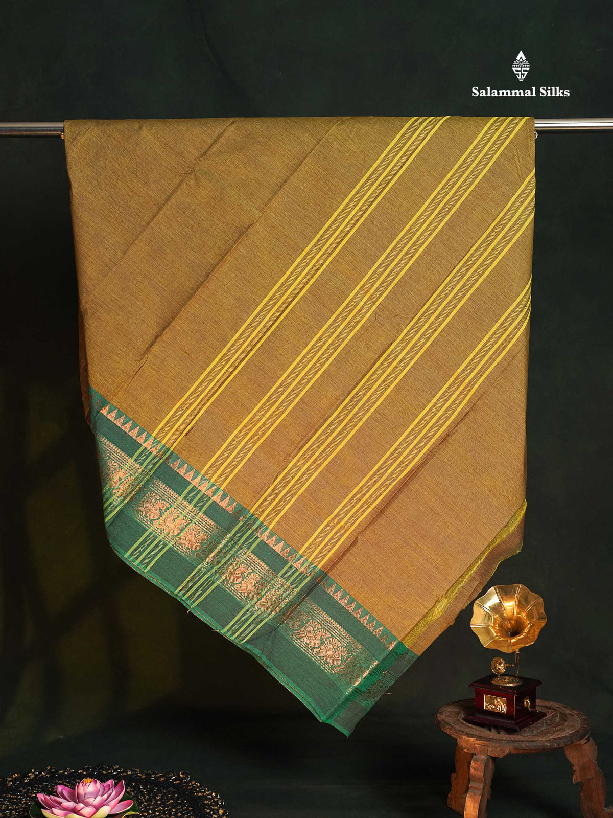 Chettinad Pure Cotton Saree - Light Brown Colour Body Plain With Dual Tone Bottle Green Border