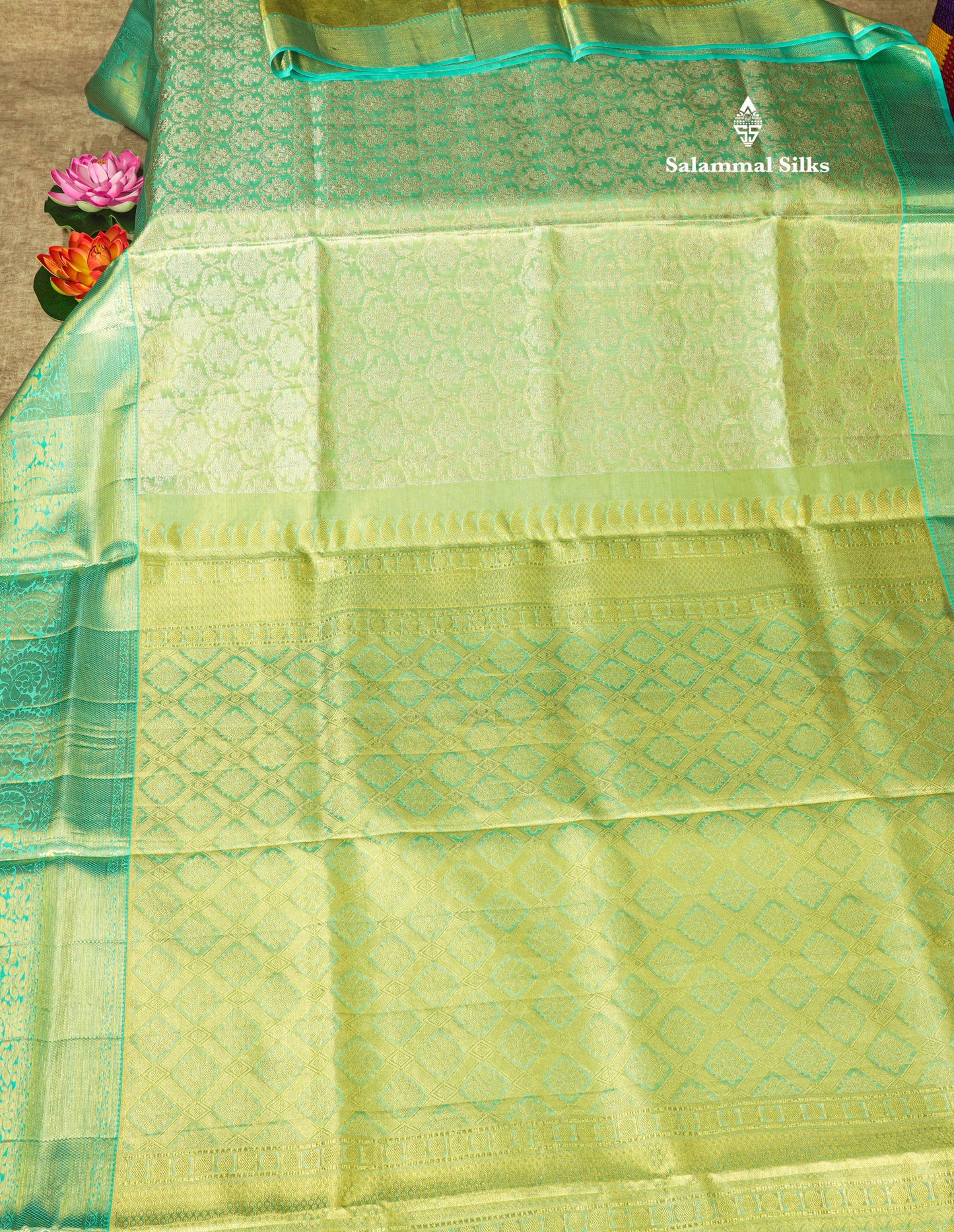 Rexona Green Tissue Bridal Pure Kanjivaram Silk Saree With Contrast Sky Blue Border