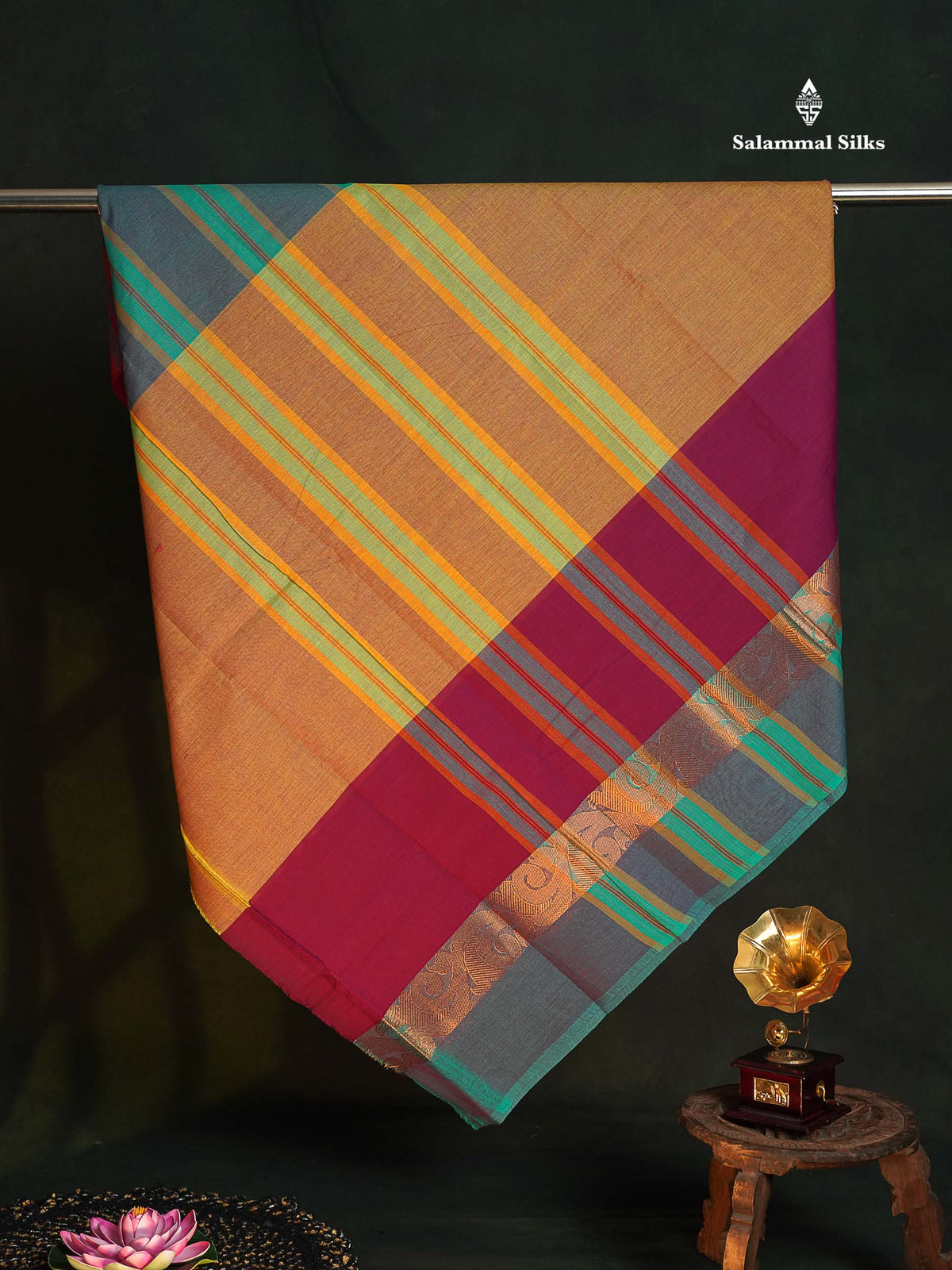 Chettinad Pure Cotton Saree - Mustard Gold Colour Body Plain With Long Ganga Jamuna Border