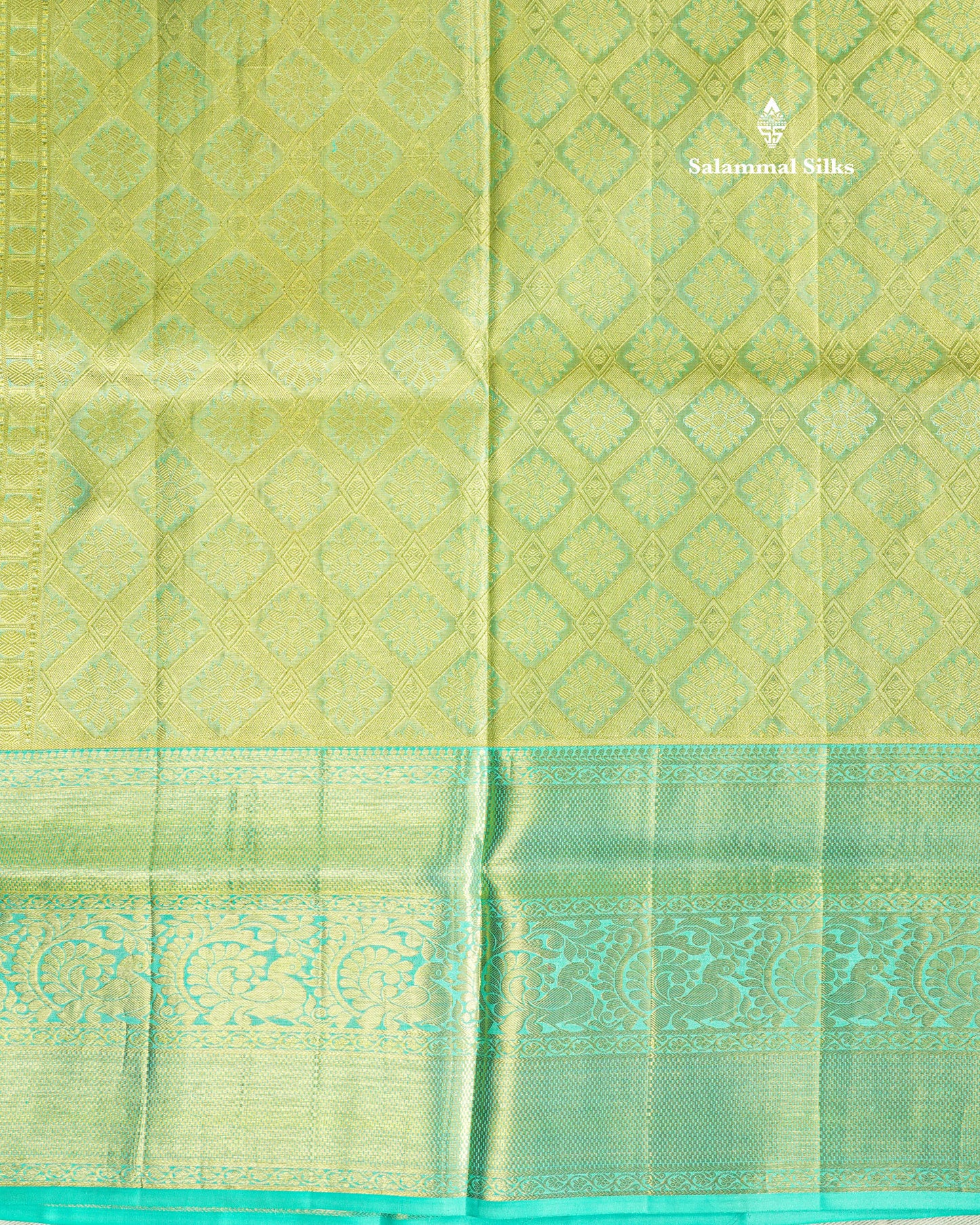 Rexona Green Tissue Bridal Pure Kanjivaram Silk Saree With Contrast Sky Blue Border
