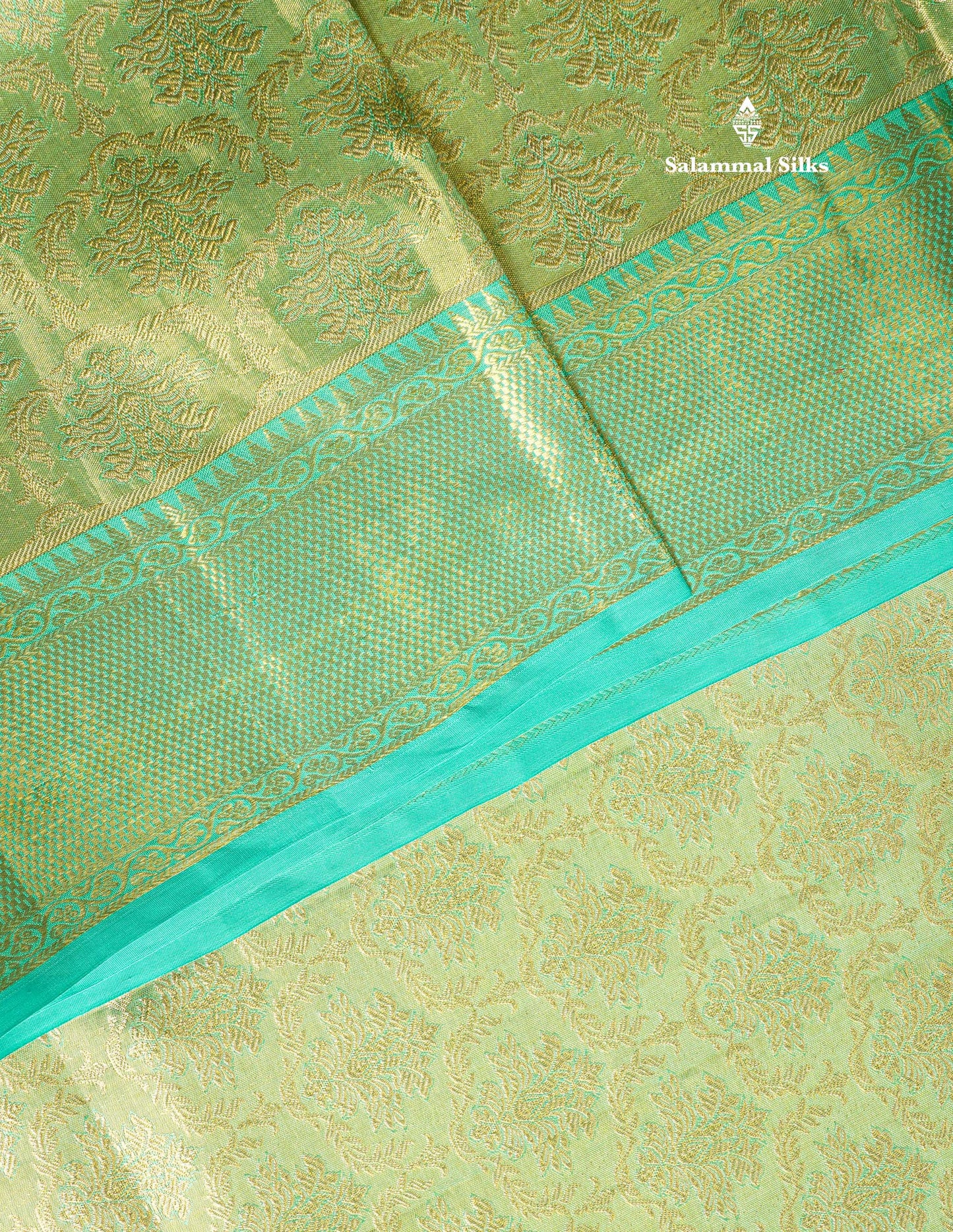 Rexona Green Tissue Bridal Pure Kanjivaram Silk Saree With Contrast Sky Blue Border
