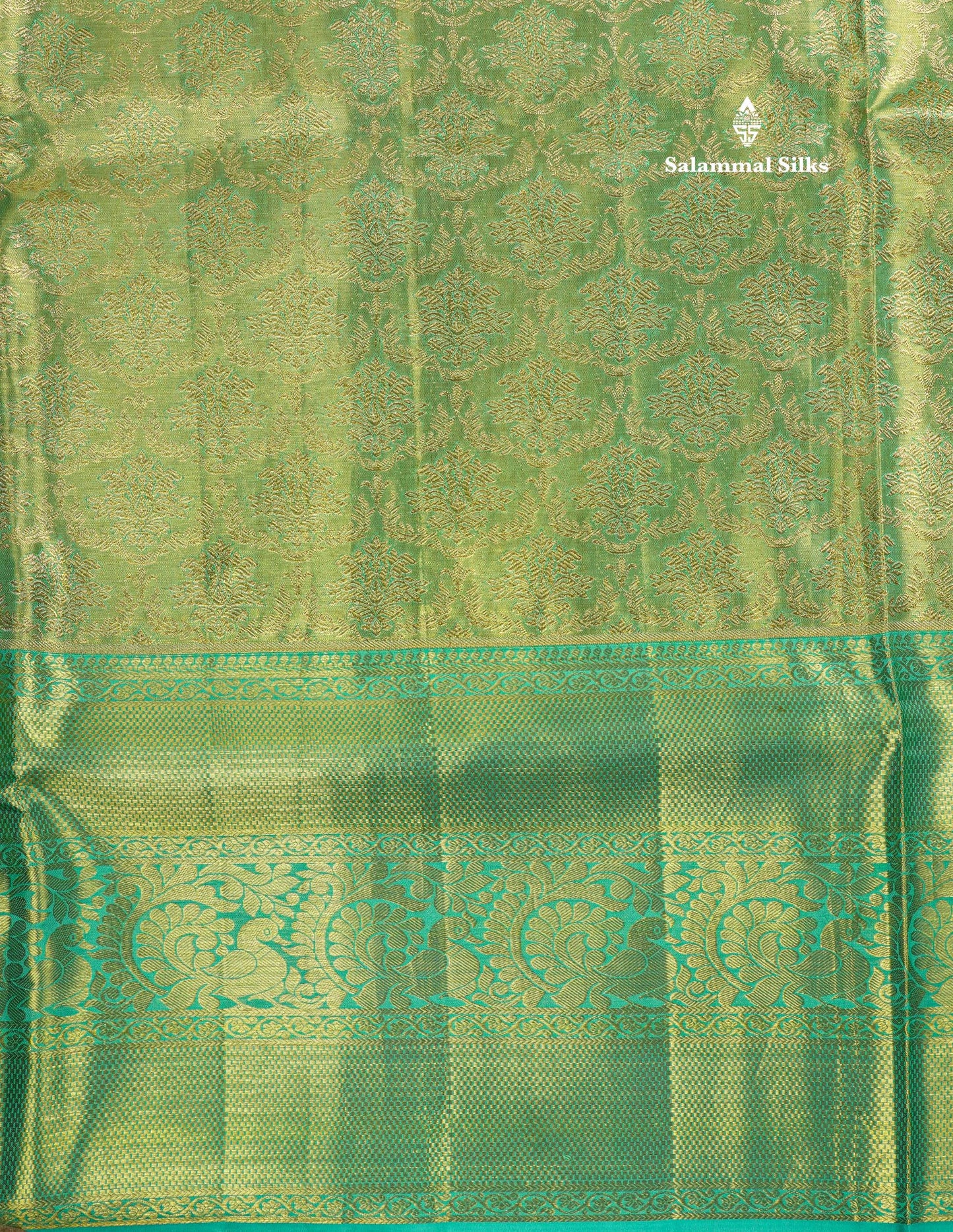 Rexona Green Tissue Bridal Pure Kanjivaram Silk Saree With Contrast Sky Blue Border