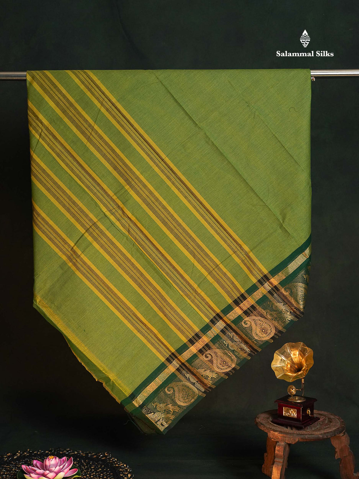 Chettinad Pure Cotton Saree - Olive Green Colour Body Plain With Black Border